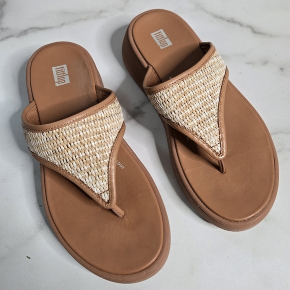FitFlop F-Mode Woven Raffia Flatform Sandals Latte Tan / Ivory Sz 6.5 - Picture 1 of 5
